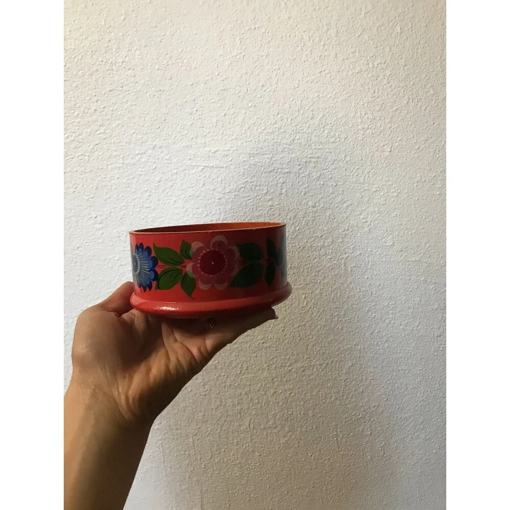 vtg 70s‎ boho wooden jewelry bowl hand painted orange floral home decor gift